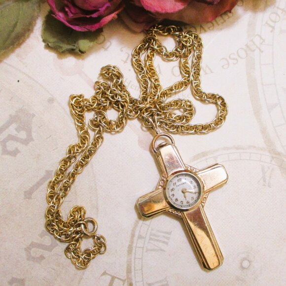 GOTHAM Gold Filled Swiss Cross Watch Necklace~ VINTAGE Mechanical Watch Necklace main image 9